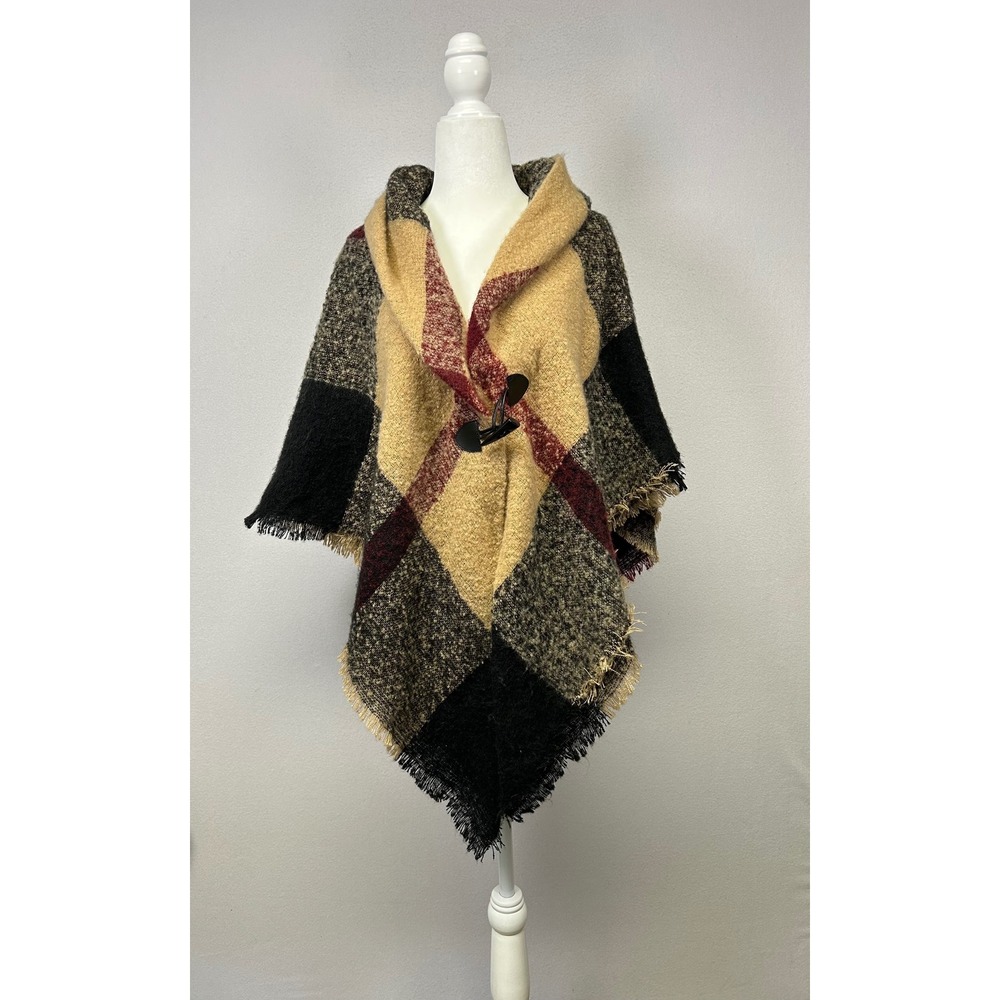 Dark Academia Modena Womens OS Tan Plaid Toggle Closure Fringed Poncho Wrap Cape
